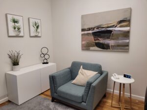 Manhattan Office Space, cozy blue chair in a quiet office